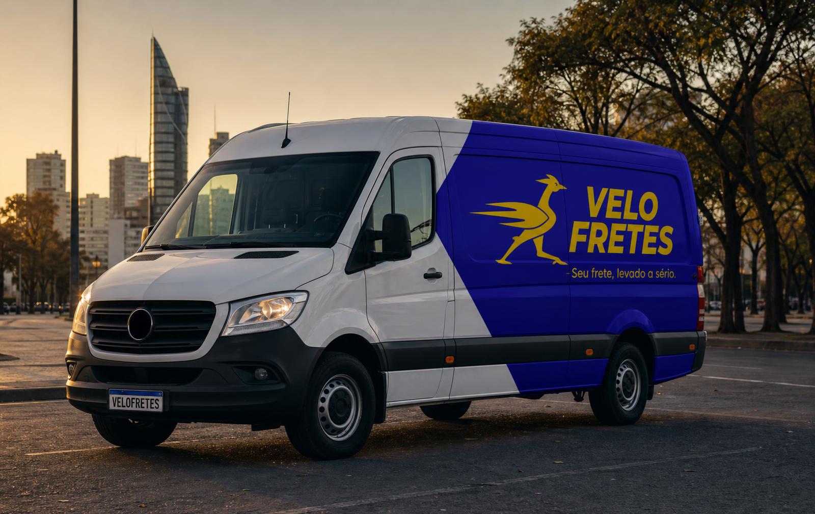 Van da Velo Fretes com a arte aplicada em azul e amarelo em uma avenida de Porto Alegre